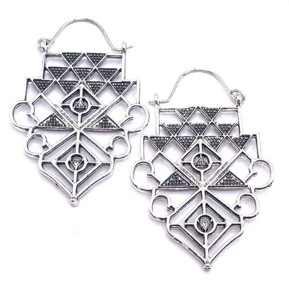 Silver Detailed Boho Asian Inspired Dangling Drop Hinged Hook Earrings - Picture 1 of 5